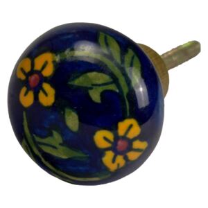 Sanu Babu Malované porcelánové madlo na šuplík, modré, žluté květiny, průměr 3,7 cm