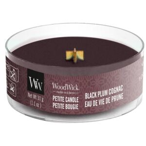 WoodWick - vonná svíčka Petite, Koňak z černých švestek 31g (Black Plum Cognac. Unikátní a delikátní vůně černé švestky a ostružiny naložené v chutném koňaku.)