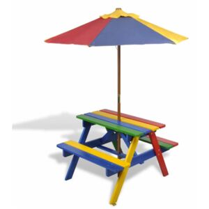 Dětský piknikový stůl s lavičkami a slunečníkem