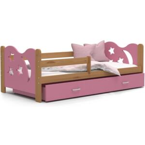Dětská postel se šuplíkem MIKOLÁŠ - 190x80 cm - růžová/olše - měsíc a hvězdičky