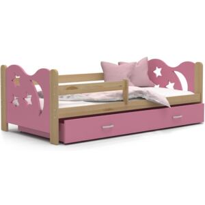 Dětská postel se šuplíkem MIKOLÁŠ - 160x80 cm - růžová/borovice - měsíc a hvězdičky