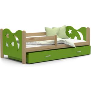 Dětská postel se šuplíkem MIKOLÁŠ - 160x80 cm - zelená/borovice - měsíc a hvězdičky