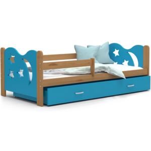 Dětská postel se šuplíkem MIKOLÁŠ - 160x80 cm - modrá/olše - měsíc a hvězdičky