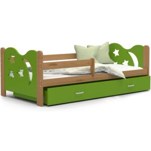 Dětská postel se šuplíkem MIKOLÁŠ - 160x80 cm - zelená/olše - měsíc a hvězdičky