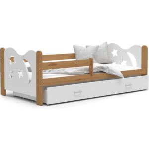 Dětská postel se šuplíkem MIKOLÁŠ - 160x80 cm - bílá/olše - měsíc a hvězdičky