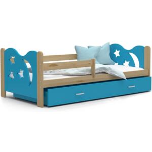 Dětská postel se šuplíkem MIKOLÁŠ - 160x80 cm - modrá/borovice - měsíc a hvězdičky