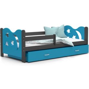 Dětská postel se šuplíkem MIKOLÁŠ - 160x80 cm - modro-šedá - měsíc a hvězdičky