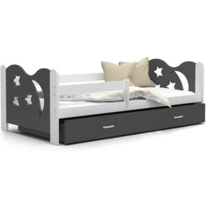 Dětská postel se šuplíkem MIKOLÁŠ - 190x80 cm - šedo-bílá - měsíc a hvězdičky