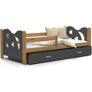 Dětská postel se šuplíkem MIKOLÁŠ - 190x80 cm - šedá/olše - měsíc a hvězdičky