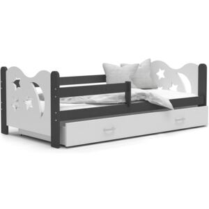 Dětská postel se šuplíkem MIKOLÁŠ - 190x80 cm - bílo-šedá - měsíc a hvězdičky