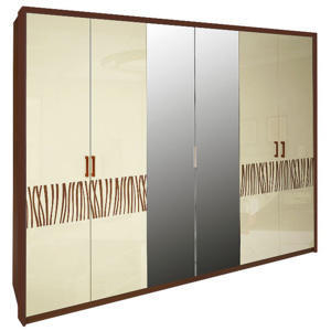 Šestidveřová šatní skříň BORRA se zrcadlem, 272,6x212,5x55, vanilka lesk/třešeň