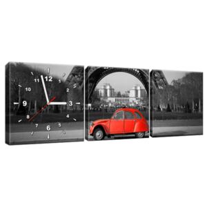Obraz s hodinami Červené auto pod Eiffelovou věží 90x30cm ZP1116A_3A