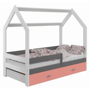 Dětská postel Domek 80x160 cm D3, rošt ZDARMA - bílá (Barva zábrany: Šedá, Barva úložného prostoru: Růžová, Volba matrace: Bez matrace)