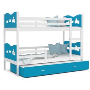 DOBRESNY Dětská patrová postel MAX 3 80x190 cm s bílou konstrukcí v modré barvě s vláčekm