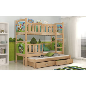 Dětská patrová postel DOBBY 3 s potiskem + matrace + rošt ZDARMA, 184x80, borovice/vzor D06/H21