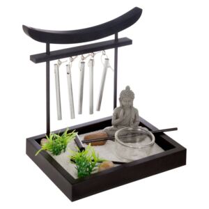 Dekorace s figurkou Buddhy a zvonkohrou ZEN GARDEN, 15 x 12 x 16,5 cm, černá