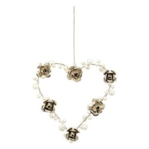 Závěsné stříbrné kovové srdce s perličkami a růžemi - 13*2*13cm