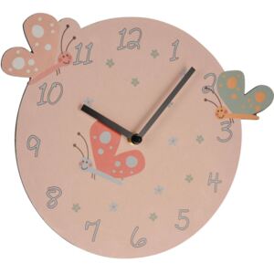 Nástěnné hodiny do dětského pokoje MOTÝL, růžová barva, O 26 cm