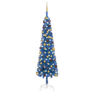 Úzký vánoční stromek s LED diodami a sadou koulí modrý 240 cm
