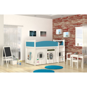 Dětská stanová postel SWING + matrace + rošt ZDARMA, 184x80, bílá/vzor LABORATORY/modrá