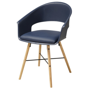 Modrá plastová jídelní židle s čalouněným měkkým sedákem a dřevěnou podnoží SET 4 ks DO168