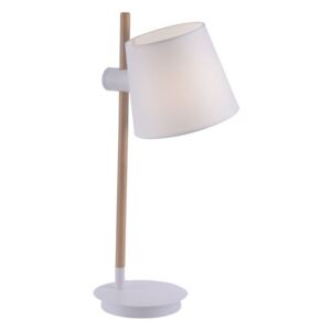 PAUL NEUHAUS Stolní lampa v bílé s dřevěnou nohou a jednoduchým látkovým stínítkem