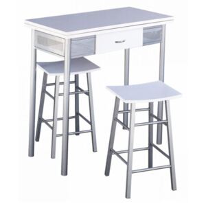 Barový set, stůl + 2 židle, bílá / stříbrná, HOMER