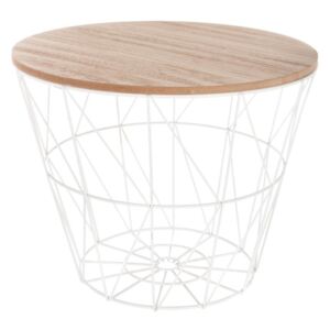 Moderní, víceúčelový kávový stolek, s kulatou odkládací deskou, drátěnou konstrukcí, úložným prostorem, barvy bílé