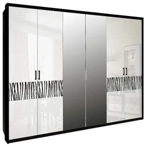 Šestidveřová šatní skříň BORRA se zrcadlem, 272,6x212,5x55, bílá lesk/černá mat