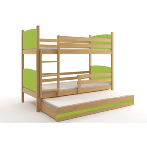 Patrová postel BRENEN 3 + matrace + rošt ZDARMA, 80x190, borovice, zelená