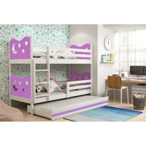 Patrová postel KAMIL 3 + matrace + rošt ZDARMA, 90x200, bílý, fialová