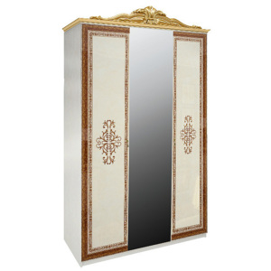 Třídveřová šatní skříň LOPPEZ se zrcadlem, 145x232x59,5, radica béžová