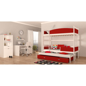 Dětská patrová postel SWING3 + rošt + matrace ZDARMA, 190x90, bílý/červený