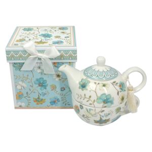 Porcelánová čajová konvička se šálkem Modré květiny v dárkové krabičce