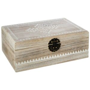 Krabička Etnik s etnickým vzorem, vyrobena ze dřeva paulovnie, vnitřek potažen sametem, barva bílá + přírodní dřevo, 8,5x15x23,5 cm