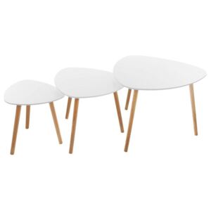 Moderní souprava 3 kávových stolků, každý s jinými rozměrovými dispozicemi, bílé desky, dubové nožky, do obýváku anebo do ložnice