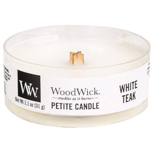WoodWick - vonná svíčka Petite, Bílý teak 31g (White Teak. Svěží větve balzámové jedle v kombinaci se santálovým dřevem, dubem, mechovým stromem a ced