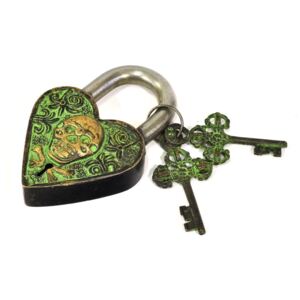Visací zámek, srdce s lebkou, zelená mosaz, dva klíče ve tvaru dorje, 12cm