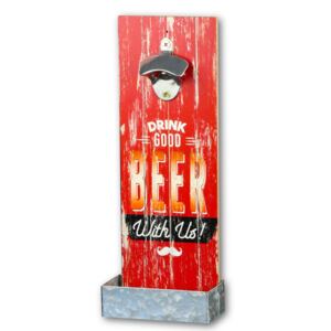 Dřevěný otvírák na zeď se zásobníkem na zátky- Beer červený