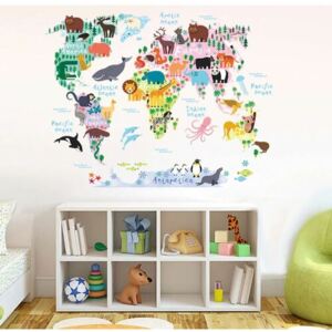 Samolepicí dekorace Dětská mapa světa zvířátka, 90 x 70 cm