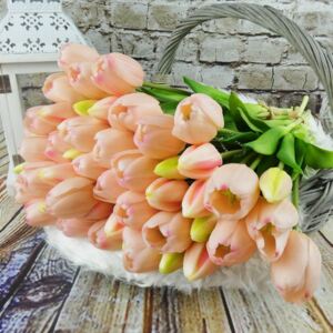 Umělé tulipány latexové světle růžové, 39 cm- svazek 5 ks