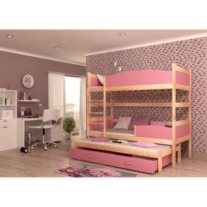 Dětská patrová postel SWING3 + rošt + matrace ZDARMA, 190x90, borovice/růžový