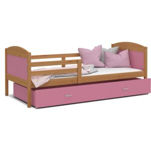 Dětská postel se šuplíkem MATTEO - 190x80 cm - růžová/olše