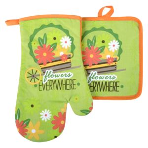 Kuchyňský set rukavice/chňapka FLOWERS zelená 18x30 cm/20X20 cm ESSEX