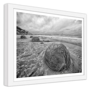 CARO Obraz v rámu - Boulder On The Beach 40x30 cm Bílá
