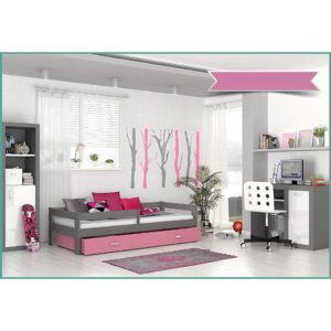 Dětská postel HARRY s barevnou zásuvkou+matrace, 80x160, šedý/růžový