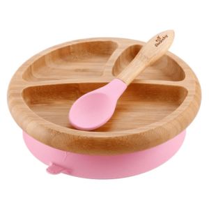 Dětský bambusový talíř s přísavkou a lžičkou | růžová - Avanchy