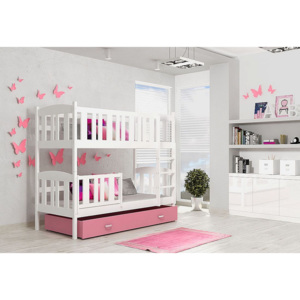 Dětská patrová postel KUBA color + matrace + rošt ZDARMA, bílá/růžová, 190x80