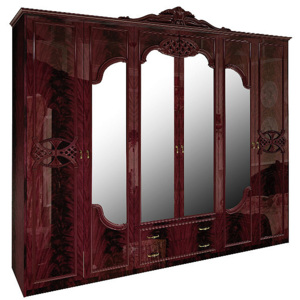 Šestidveřová šatní skříň PAPAYA se zrcadlem a šuplíky, 279x232x59,5, mahagoni