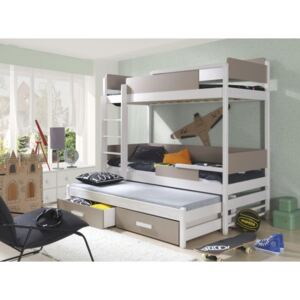 Poschoďová postel s přistýlkou a úložným prostorem pro 3 děti KVIDO, masiv borovice